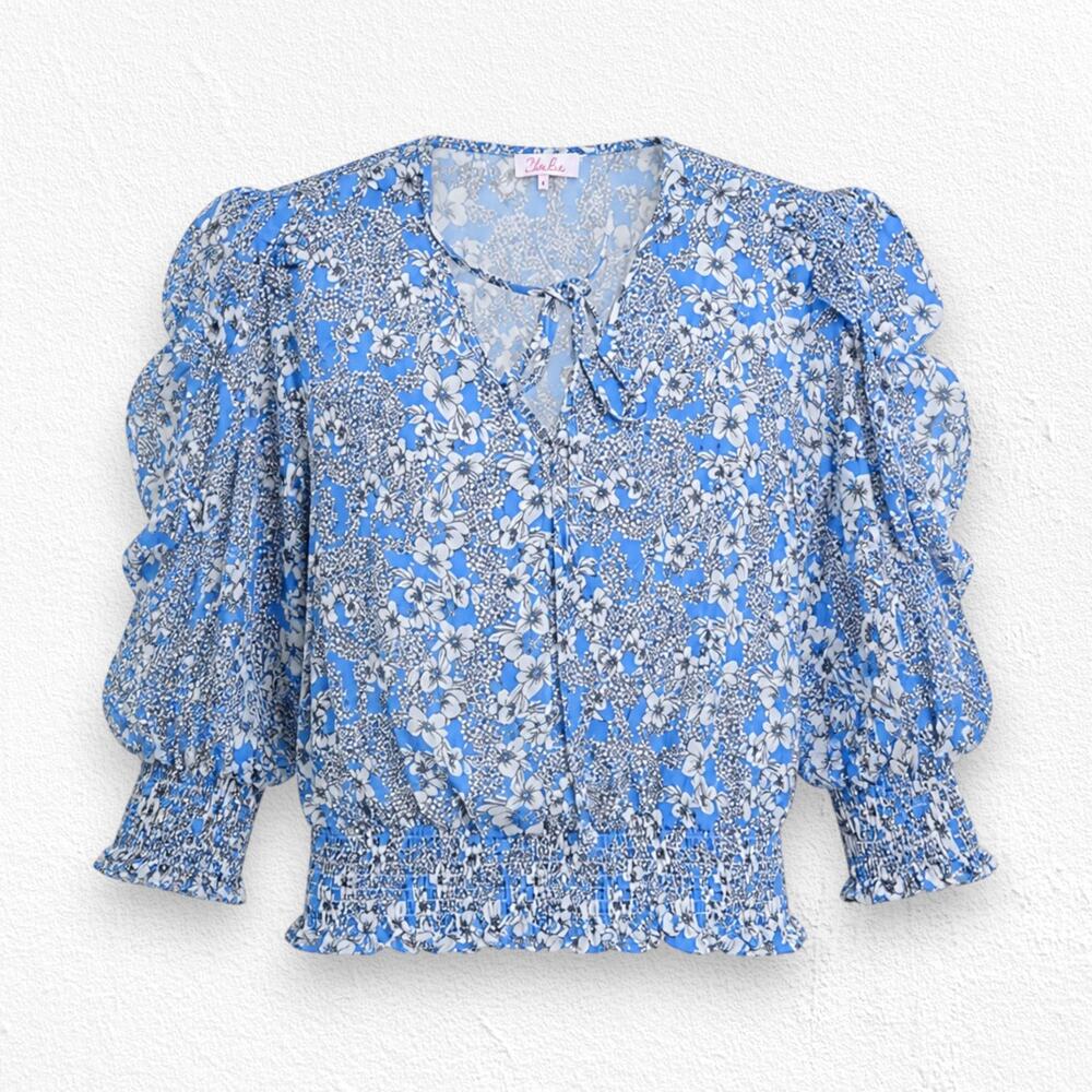 Parker Blue Floral Tie Neck Puff Ruffle Sleeve Smocked Hem Blouse Size Small